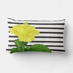 Coussin D'extérieur Rayures noires et blanches avec hibiscus jaune
