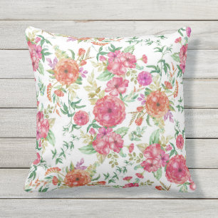Coussin D'extérieur Roses floraux d'aquarelle verte de corail rose