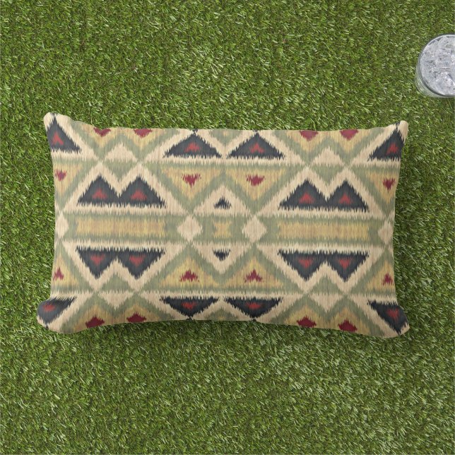 Coussin D'extérieur Rouge moutarde Jaune Olive Vert Ikat Art Tribal (Herbe)