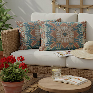 Coussin D'extérieur Terracotta Rouge Brown Beige Turquoise Bleu Tribal