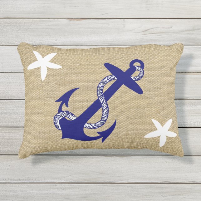 Coussin D'extérieur "Toile de jute " nautique d'Ancre bleue et (Devant)