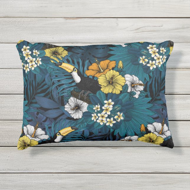 Coussin D'extérieur Toucans et flore tropicale, bleu, jaune, orange (Devant)