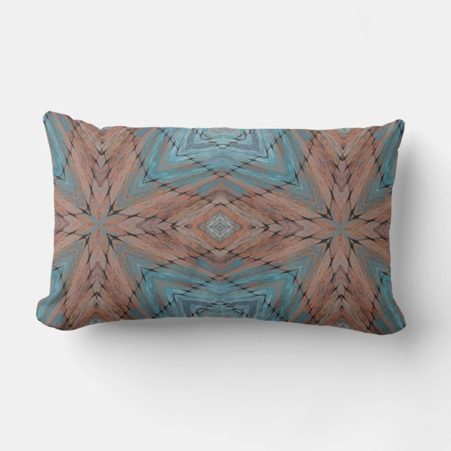 Coussin D'extérieur Turquoise et bois géométrique (Recto)