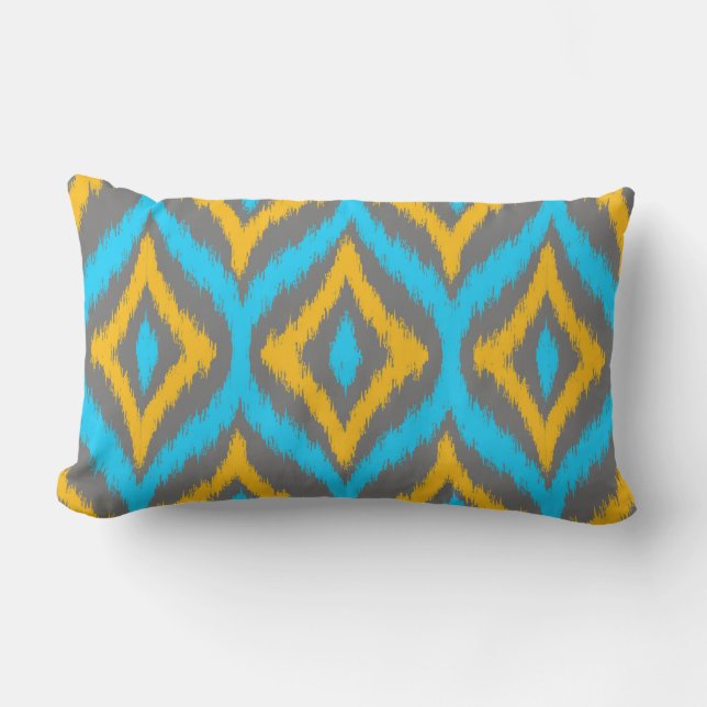 Coussin D'extérieur Turquoise & Jaune & Gris Quatrefoil Ikat Motif (Recto)