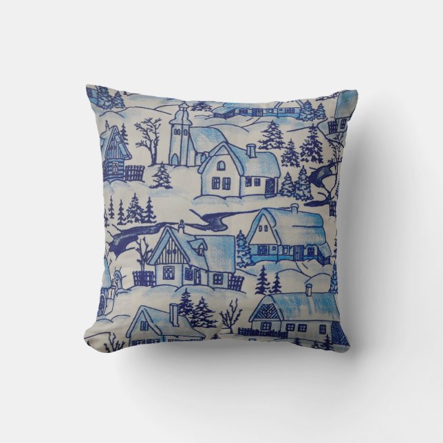 Coussin D'extérieur Vintage Blue Christmas Village (Recto)