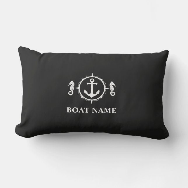 Coussin D'extérieur Votre nom de bateau Seahorse Ancre Black sh0a (Recto)