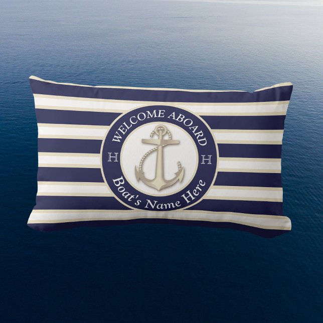 Coussin D'extérieur White Navy Blue Stripe Nom du bateau Ancre Bienven (Créateur téléchargé)