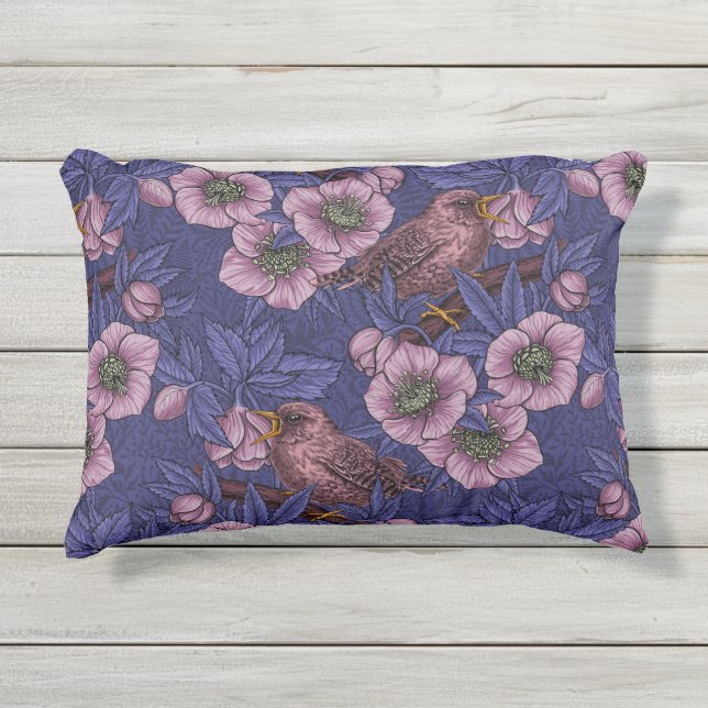 Coussin D'extérieur Wren et hellebore, violet et rose (Devant)