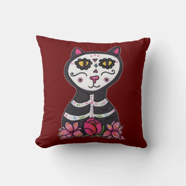 Coussin Dia de Las Muertos Chat Halloween Art Cool (Recto)