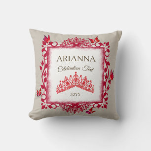 Coussin Diadème rouge rubis personnalisé et papillons