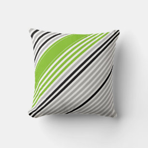 Coussin Diagonale verte, grise, noire, rayures blanches