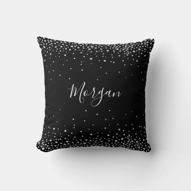 Coussin Diamants blancs, nom en écriture blanche, fond noi (Recto)