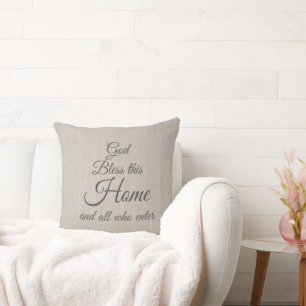Coussin Dieu bénisse cette maison, écriture élégante