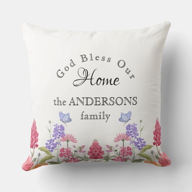 Coussin Dieu bénisse notre maison Fleur sauvage blanc Nom  (Verso)
