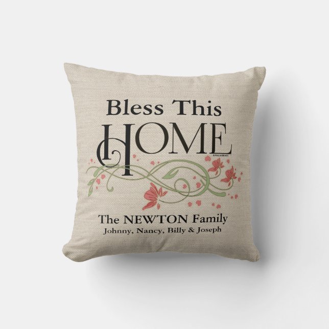 Coussin Dieu bénissent notre maison : Personnalisé (Recto)