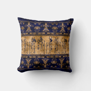 Coussin Dieux égyptiens et frontière ornementale -or bleu