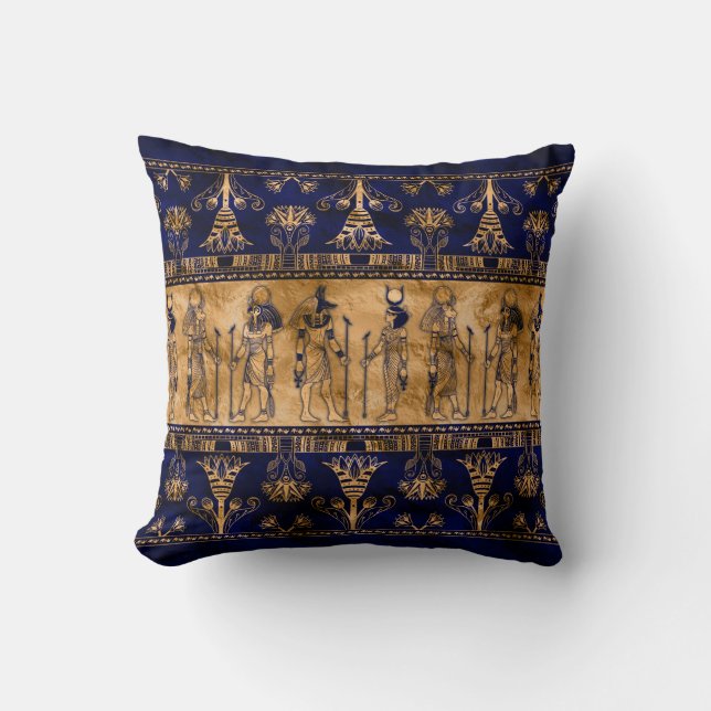 Coussin Dieux égyptiens et frontière ornementale -or bleu (Recto)