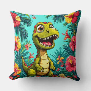 Coussin Dinosaur Cartoon Joyeux Avec Fleurs Tropicales