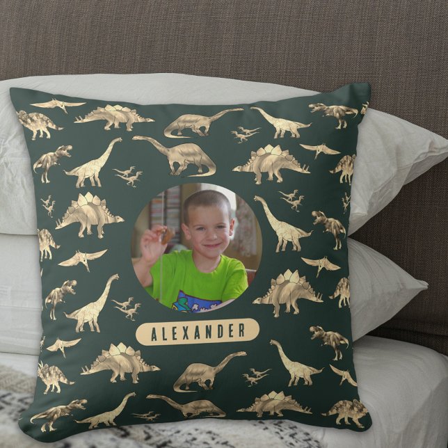 Coussin Dinosaur Personnalisé Garçons Photo et nom (Dinosaur pattern personalized name and photo boys brown & dark green pillow T-Rex velociraptor dinos)