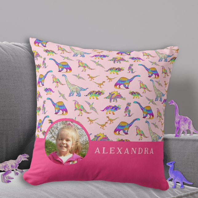 Coussin Dinosaur Photo personnalisée et nom rose (Colorful dinosaur personalized photo and name pink pillow Custom dino kids bedroom decor)