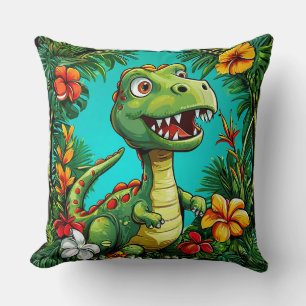 Coussin Dinosaure adorable entouré de fleurs colorées