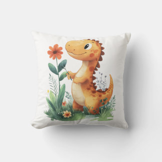 Coussin Dinosaure jaune mignon tenant une fleur