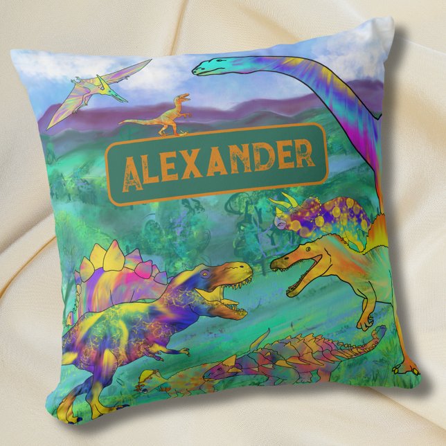 Coussin Dinosaures colorés Nom personnalisé (Colorful dinosaur kids personalized name bedroom watercolor Jurassic era dino home decor )