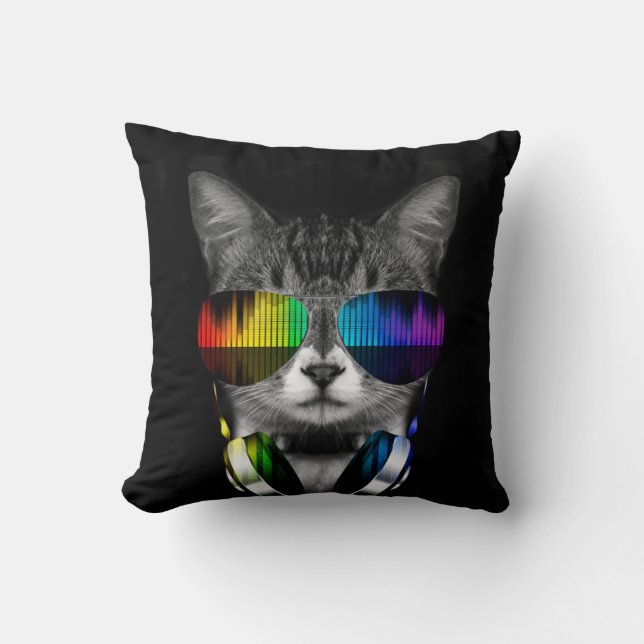 Coussin DJ chat avec lunettes de soleil et casque (Recto)