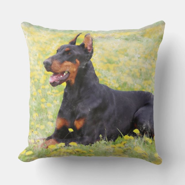 Coussin Doberman Chien assis dans le jardin Aquarelle Pein (Recto)