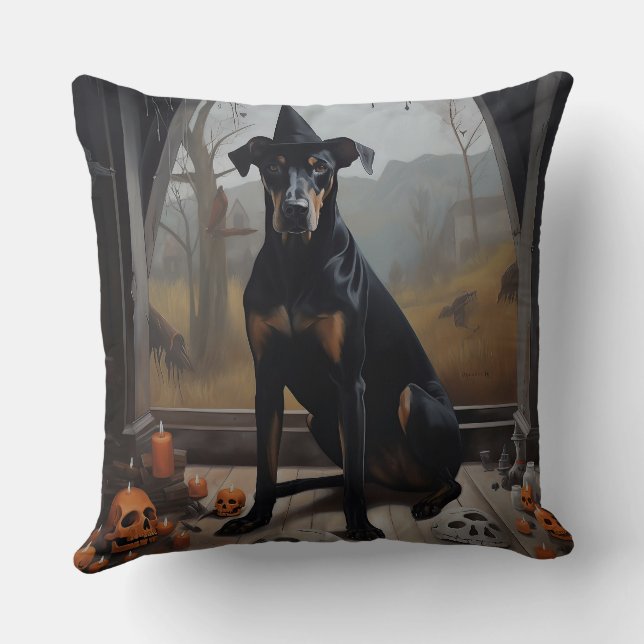 Coussin Doberman Citrouille Halloween effroi (Verso)