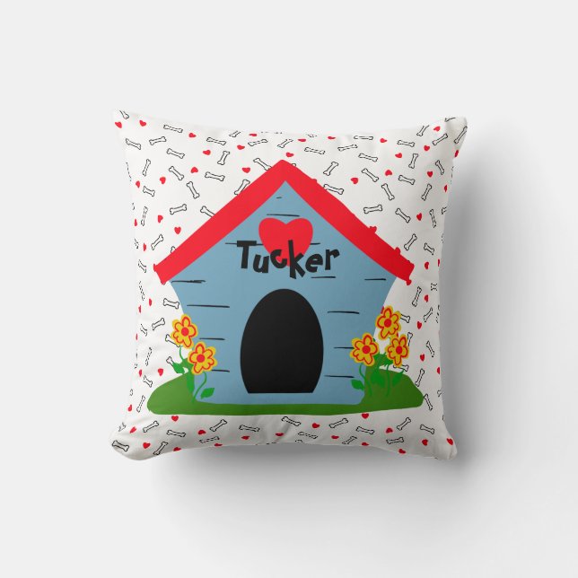 Coussin Dog House Red Hearts White Bones Chien ou Amoureux (Recto)