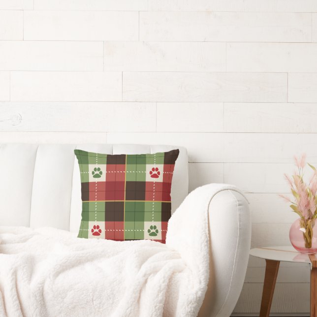 Coussin Dog Lovers Holiday Paw Print Plaid Pillow (Canapé)