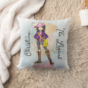Coussin Doodle Girl with Dark Hair Gold Name