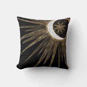 Coussin Doodles d'or élégants Sun Moon Mandala Black Des