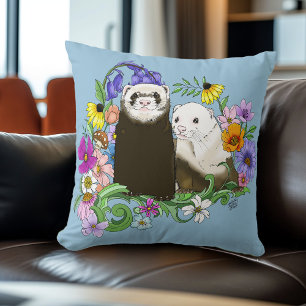 Coussin Douce Paire de Furets Floraux Bleus Fantaisistes 