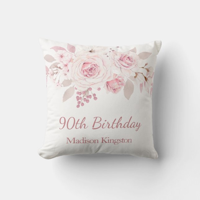 Coussin Doux Blush rose floral 90e anniversaire cadeau de  (Recto)