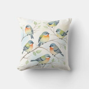 Coussin Doux Oiseaux Chanteurs sur Branches Floral Aquarel