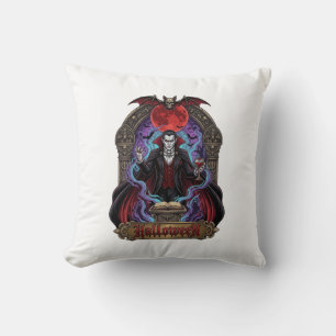 Coussin Dracula Halloween Lune Rouge Chauves-Souris Crâne_