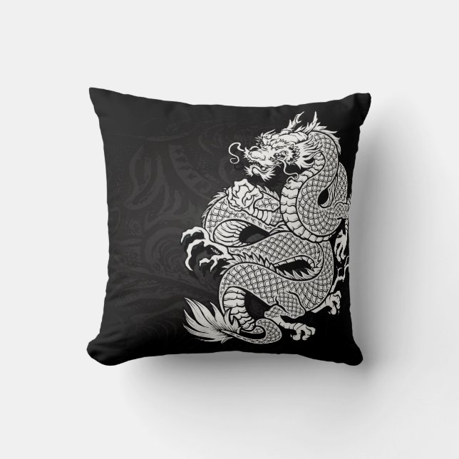 Coussin Dragon chinois blanc et noir (Recto)