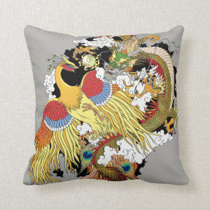 Coussin Dragon chinois et phoenix