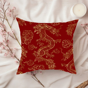 Coussin Dragon Chinois Or et Rouge Foncé
