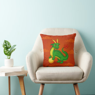 Coussin Dragon Chinois Vert sur Fond Rouge