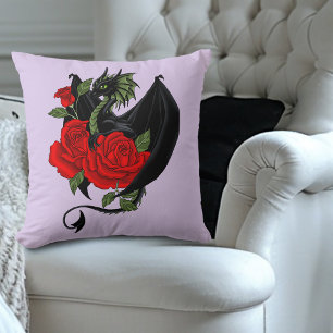 Coussin Dragon Noir Mystique Roses Rouges Lavande Gothique