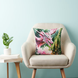 Coussin Dragon respirant le feu vibrante écailles roses
