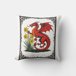 Coussin Dragon Rouge et Jonquilles avec Bordure Décorative