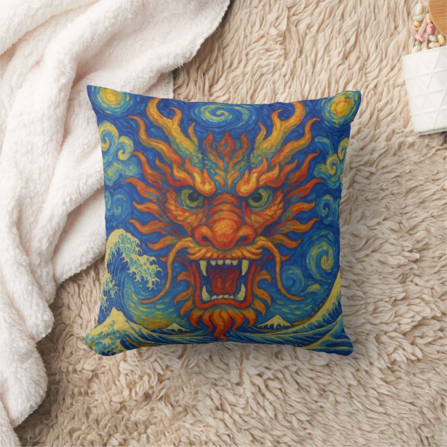 Coussin Dragon rouge oriental nuit étoile Kanagawa vagues (Couverture)