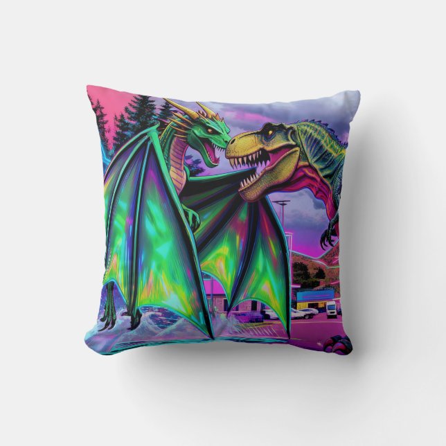 Coussin Dragon Vert vs Dinosaure (Recto)
