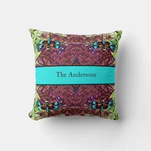 Coussin Dragonfly Blue Turquoise Aqua Black Nom de famille