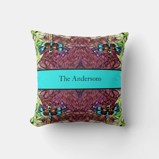 Coussin Dragonfly Blue Turquoise Aqua Black Nom de famille (Recto)