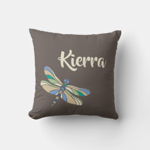 Coussin Dragonfly élégant en Brown et bleu avec nom